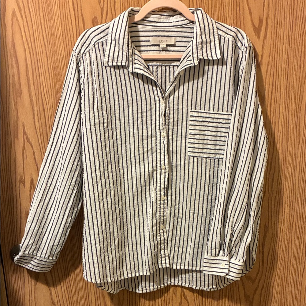 LOFT Casual Striped Button Down Shirt - Navy and White